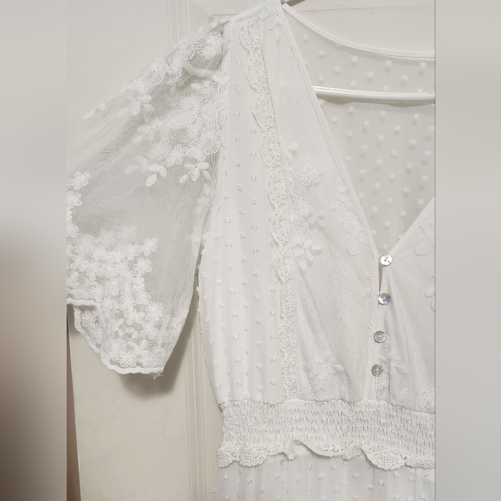 V Neck Button Down Floral Lace Maxi Dress